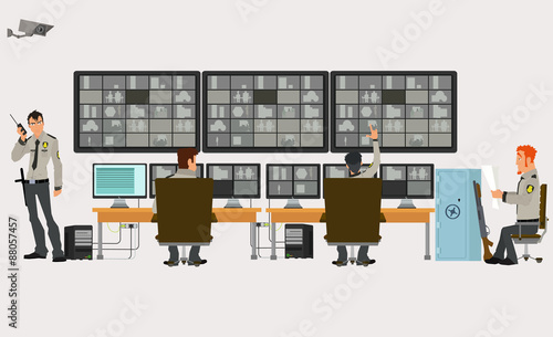 security room in which working professionals. surveillance cameras. Vector illustration in a flat style.