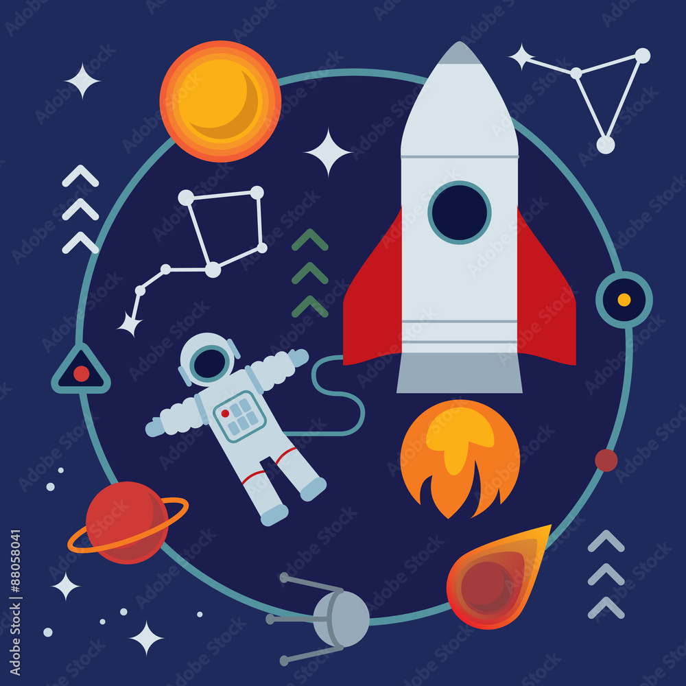 Naklejka premium Astronomy flat illustration with book, rocket, stars and planets.