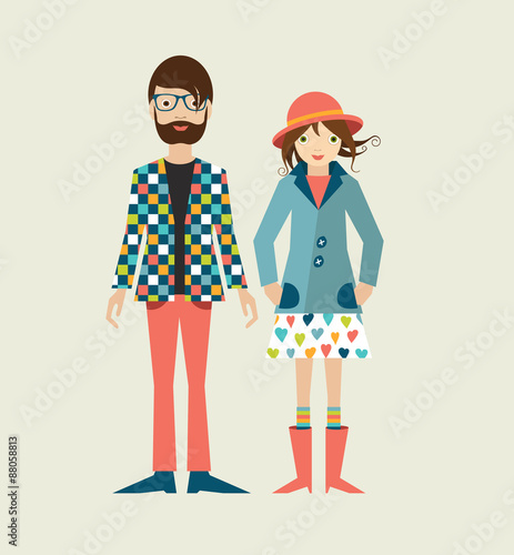 Young hipster couple. Flat illustration.