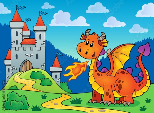 Happy orange dragon near castle