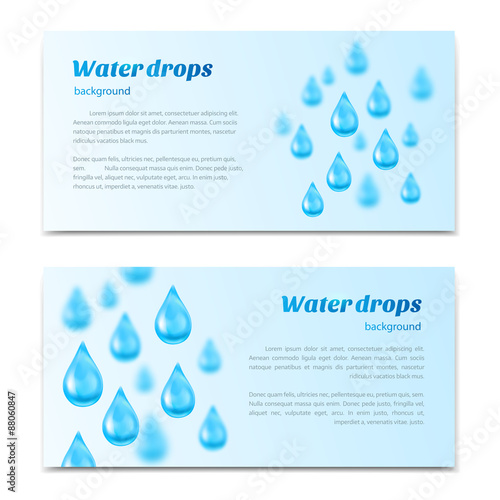 Water drops background. Banners, labels set mineral water, spring water, pure organic water. Vector illustration