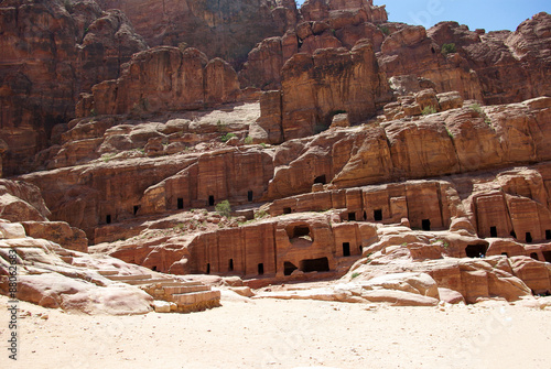 The ruins of the ancient city of Petra. Jordan. The city was built in the mountains. Buildings carved out of the mountains. Very unusual structure. Roman style buildings. Spring 2010. 