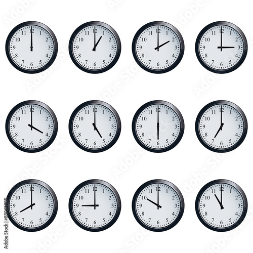 Clock set timed at each hour on white background