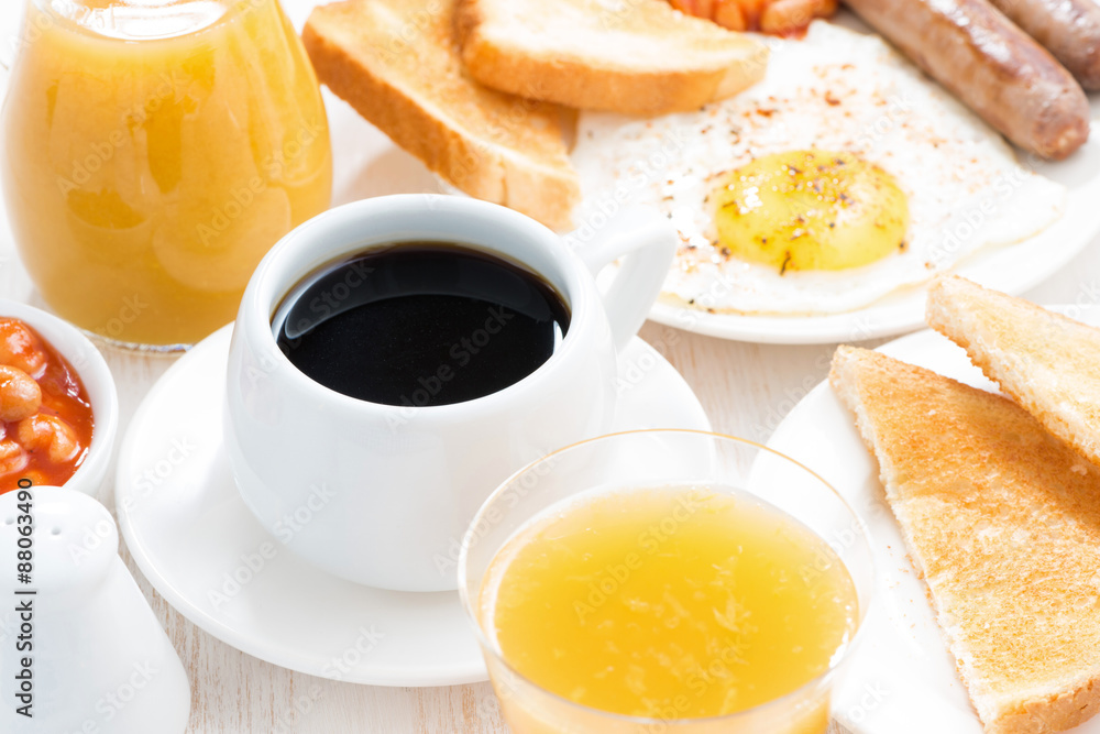 traditional breakfast - coffee, juice, eggs, toast, top view traditional breakfast - coffee, juice, eggs, toast, top view