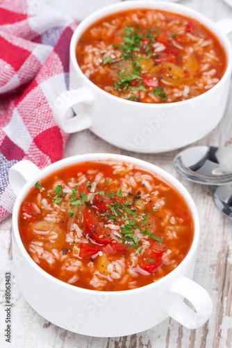 tomato soup with rice and vegetables, top view