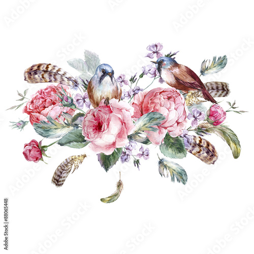 Fototapeta Naklejka Na Ścianę i Meble -  Classical watercolor floral vintage greeting card with rose