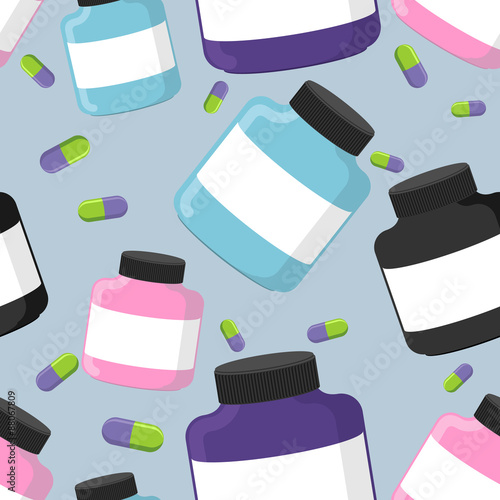 Sports nutrition container seamless pattern. Protein and pills.