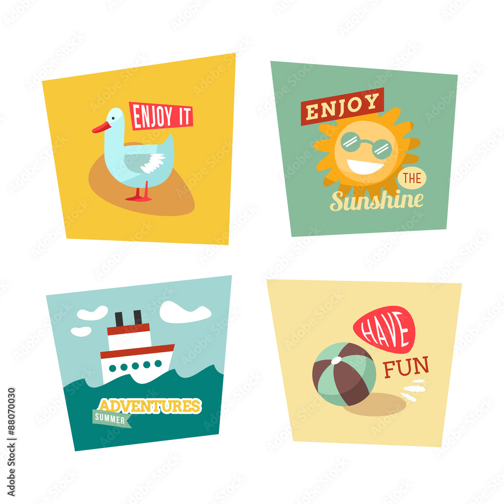 Set of Cute Bright Summer Illustrations with Typographic Elements