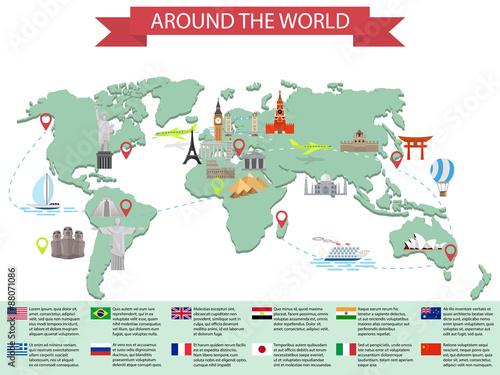Infographic world landmarks on map.