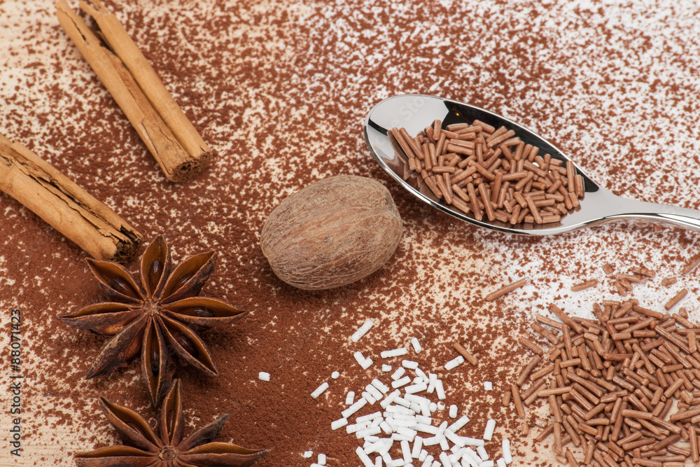 Assorted Sprinkles And Spices On Kitchen Board Assorted Sprinkles And Spices On Kitchen Board