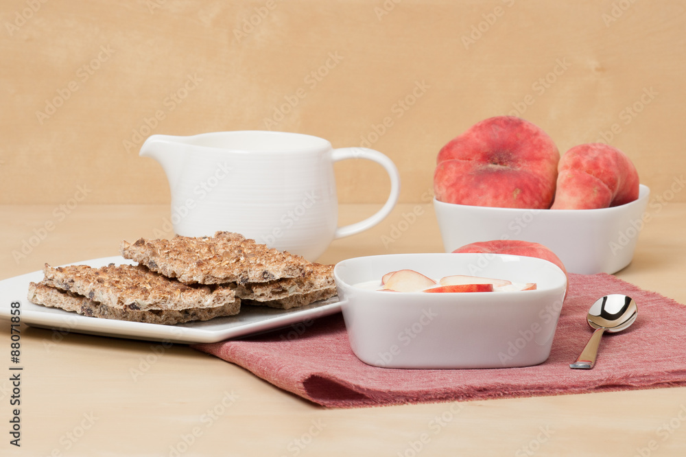 Healthy Breakfast. Fresh Peaches With Low Fat Yogurt. Crisp Brea Healthy Breakfast. Fresh Peaches With Low Fat Yogurt. Crisp Brea