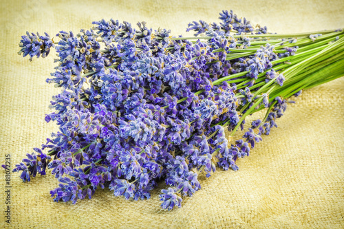 Lavender on rustic jute fabric