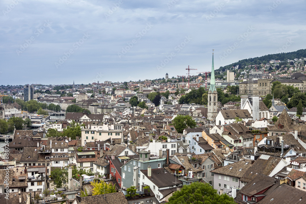 low aerial view of Zurich, Switzerland