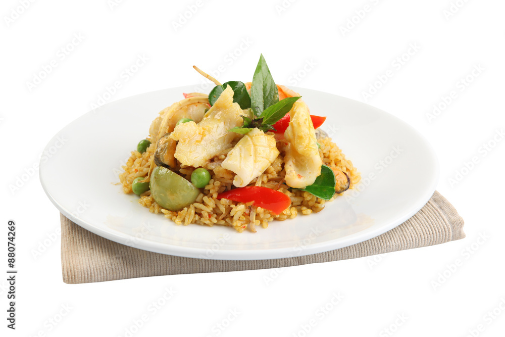 fried rice with green curry with seafood, Thai food fried rice with green curry with seafood, Thai food