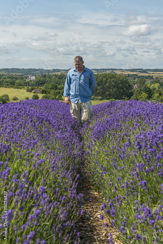 A male standing in lavender field in the summer