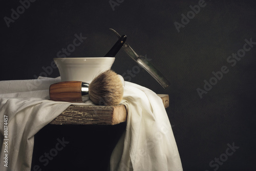 Photography Shaving Tool on wooden Table and dark Background