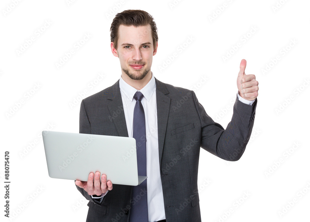Confident businessman hold with laptop computer and finger point Confident businessman hold with laptop computer and finger point