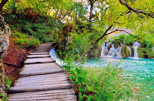 Boardwalk through the watery landscape of Plitvice Lakes National Park, Croatia
