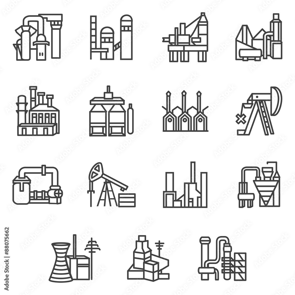 Industrial objects line icons set