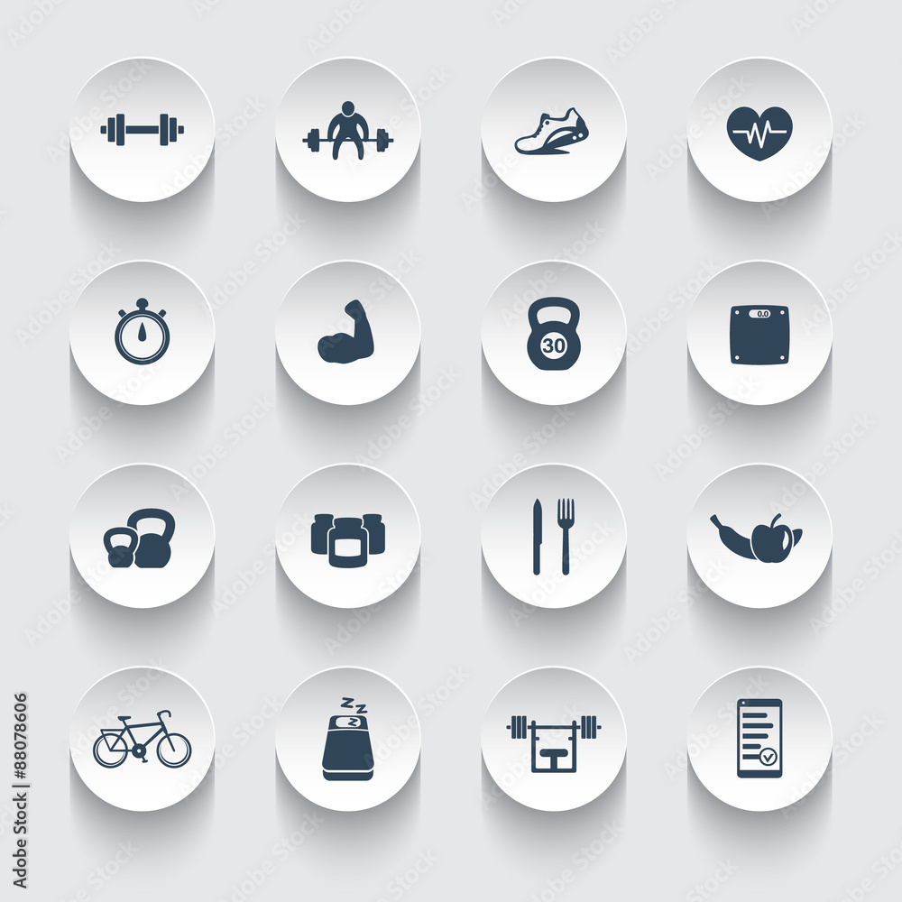 16 fitness, gym, sport, workout, healthy living icons on round 3d shapes vector illustration, eps10, easy to edit
