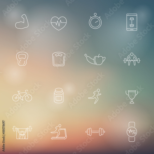 16 line fitness, gym, training white icons on blur background, vector illustration, eps10, easy to edit