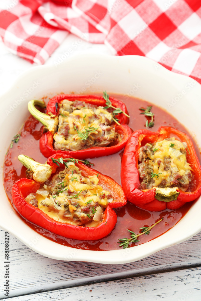 Red peppers stuffed with meat, rice and vegetables