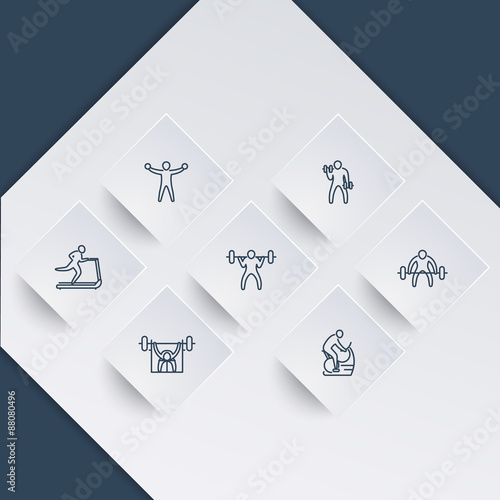 Gym, fitness exercises, training, line icons on square shapes