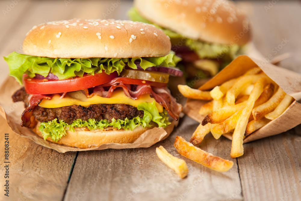 Delicious hamburger and fries Delicious hamburger and fries