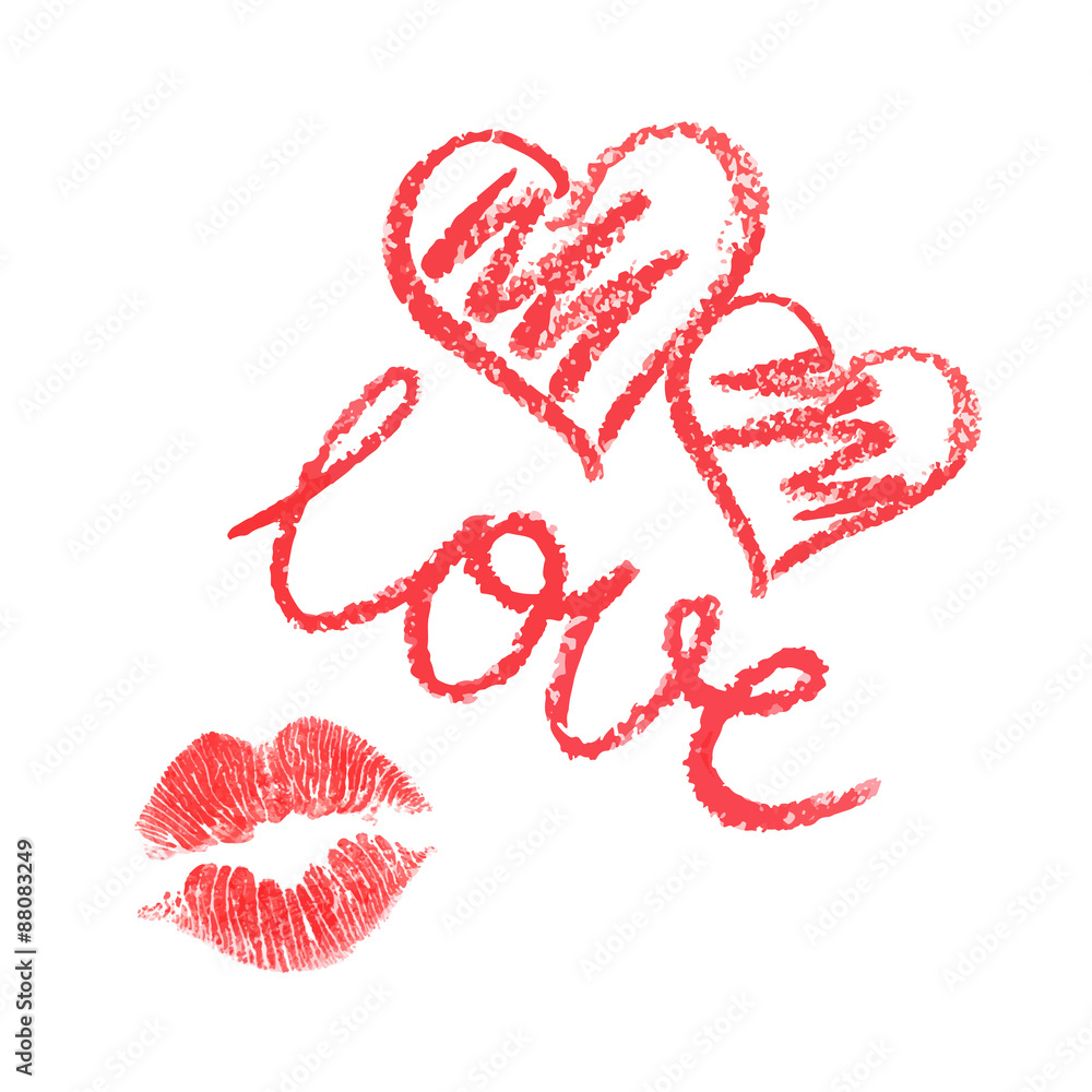 Vector set of lipstick drawn hearts and kiss on white background