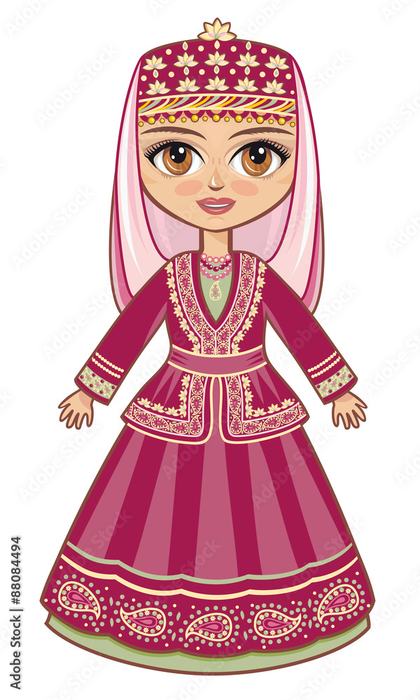  The girl in the Azerbaijanian suit. Historical clothes. Linear pattern on a white background.  Line drawing festive. Vector drawing