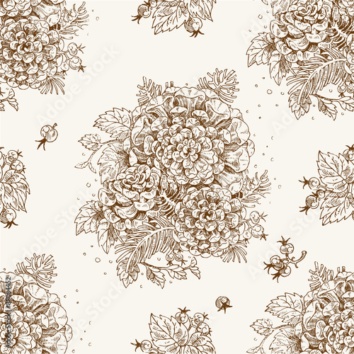 Seamless vintage decorative ornament of stylized flowers and ber