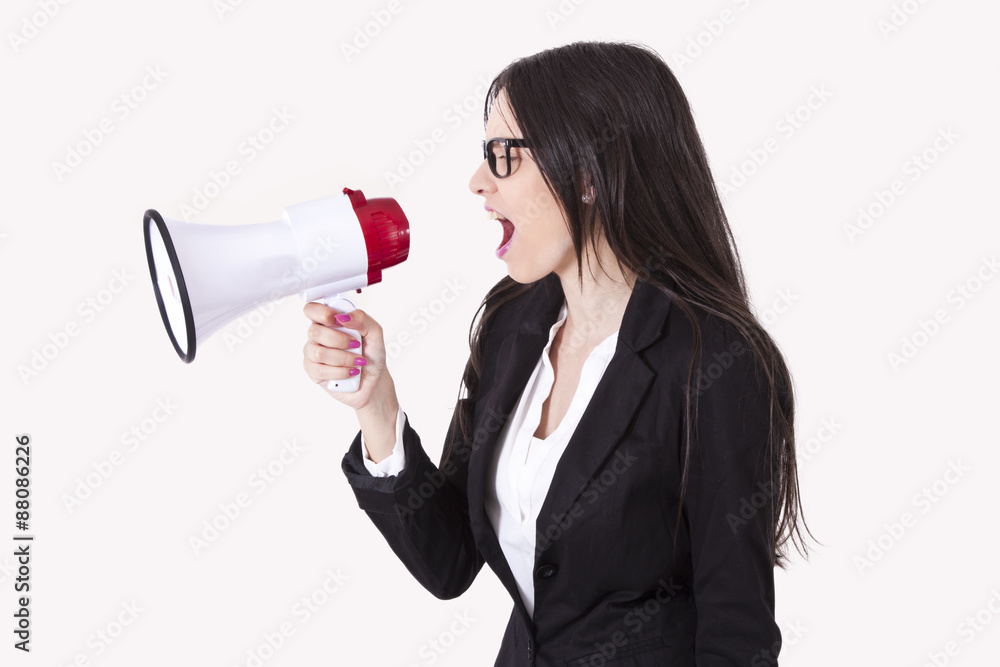 Business woman shouting through megaphones Business woman shouting through megaphones