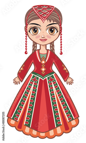 The girl in the Armenian national clothes. Historical clothes. Linear pattern on a white background.  Line drawing festive. Vector drawing
