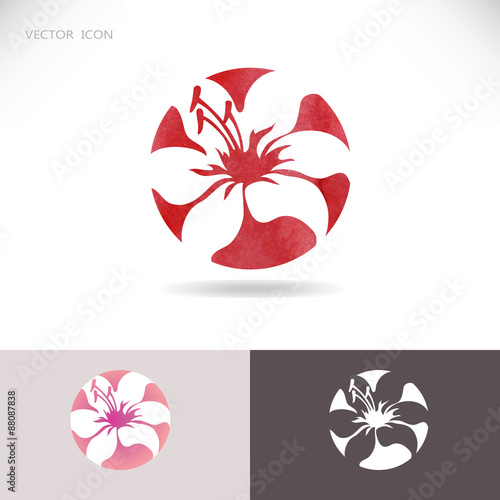 Circle vector logo with flower, lily on a red background.