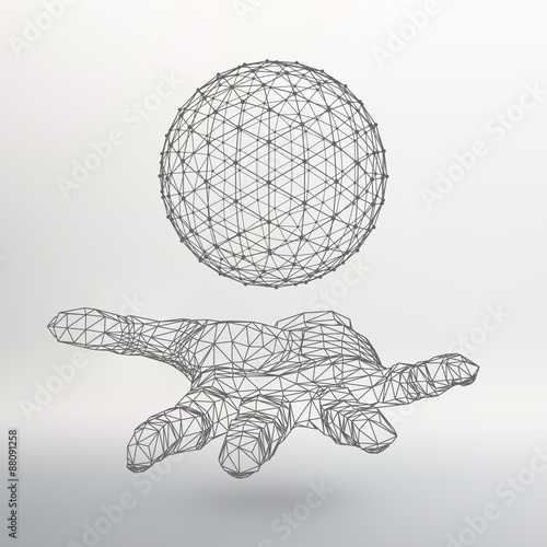 Ball on the arm. The hand holding a sphere. Polygon ball