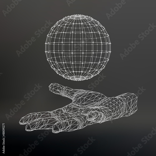 Ball on the arm. The hand holding a sphere. Polygon ball