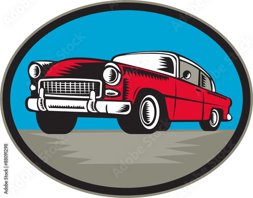 Vintage Classic Car Low Angle Woodcut