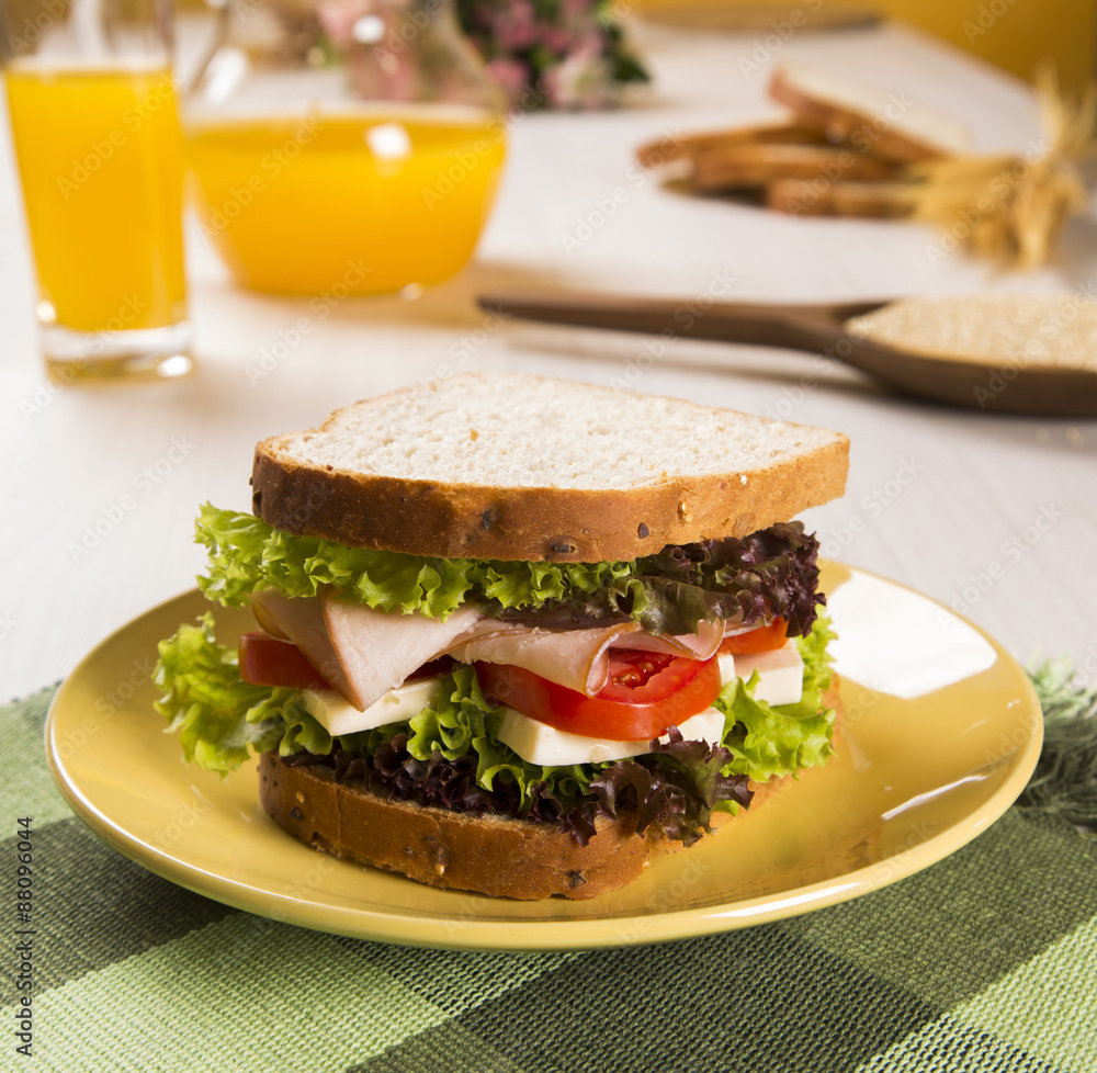 Sandwich on a white plate with turkey breast, tomato and lettuce. Sandwich on a white plate with turkey breast, tomato and lettuce.
