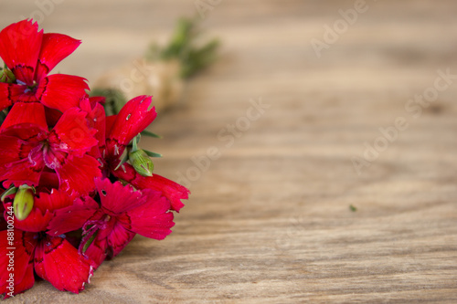 red carnation over wooden table with copy space