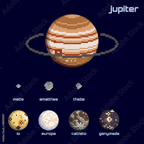 Retro minimalistic set of Jupiter and moons