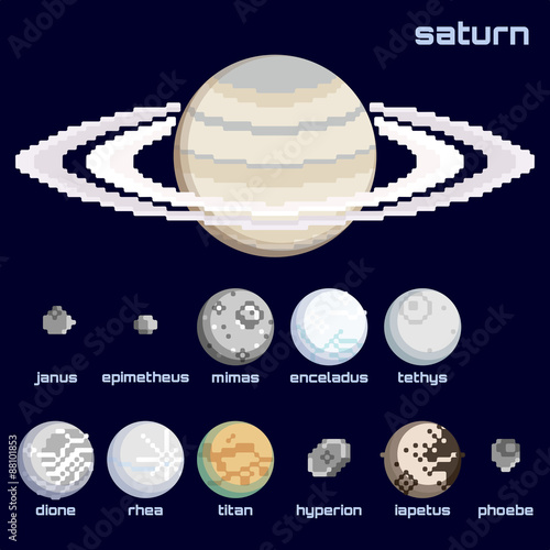 Retro minimalistic set of Saturn and moons
