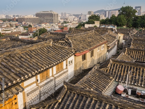 Canvas Print Roofs of old houses at Bukcheon village in Seoul, South Korea, with modern build
