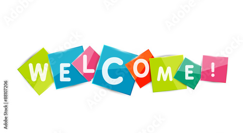 Welcome word on color square paper pieces