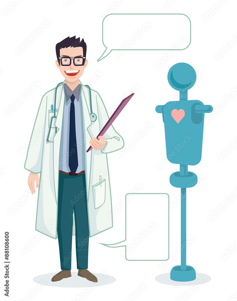 Fototapeta premium doctor professional stand and speak blank bubble with puppet cartoon vector