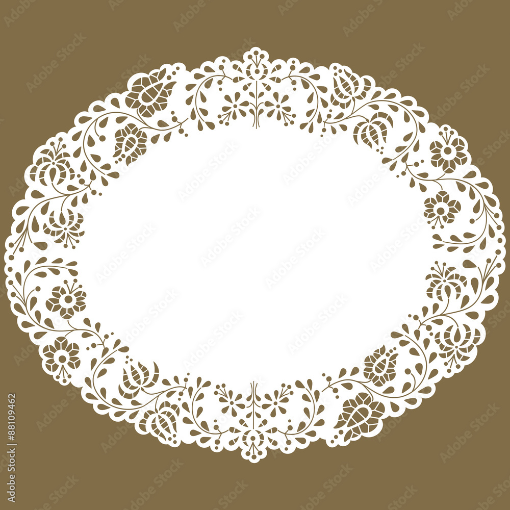 Oval paper lace edged doily made with Hungarian embroidery pattern - obrazy, fototapety, plakaty 