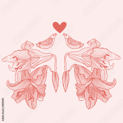 Hand drawn vector lily flowers and love birds background. Vintage floral and love vector illustration. Can be used for invitation cards for wedding, interior decoration, print for t-shirt etc. 

