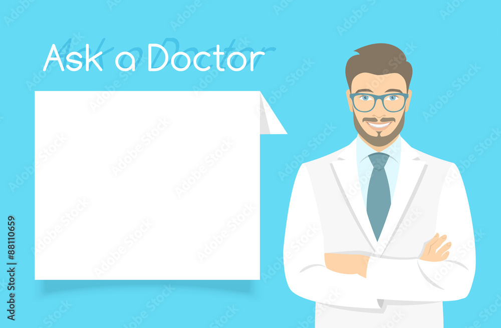 Modern flat stylized vector illustration of smiling young attractive friendly looking male doctor consultant standing with arms crossed opposite information dialog box. Online consultation concept Modern flat stylized vector illustration of smiling young attractive friendly looking male doctor consultant standing with arms crossed opposite information dialog box. Online consultation concept