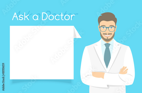 Modern flat stylized vector illustration of smiling young attractive friendly looking male doctor consultant standing with arms crossed opposite information dialog box. Online consultation concept