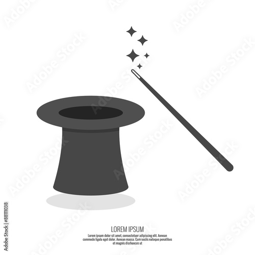 Magic hat and magic wand with sparkles.