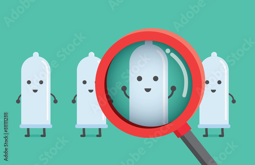 Finding and select good condom with magnifier. Concept cartoon about selection condom